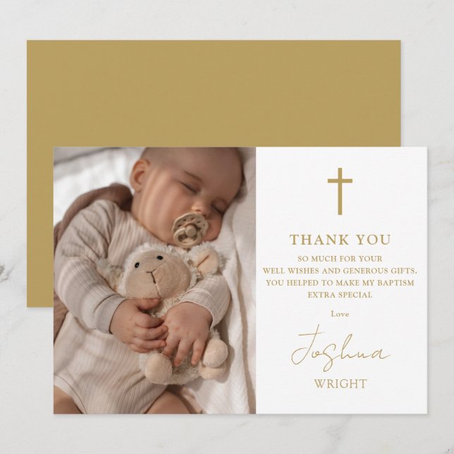 Gold Script Modern Photo Baptism Christening Thank You Card (Front/Back)