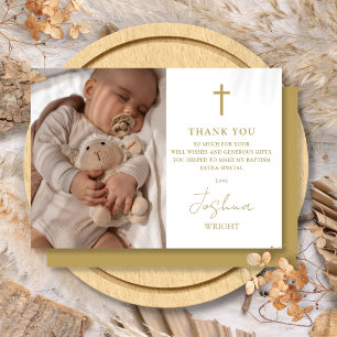 Gold Script Modern Photo Baptism Christening Thank You Card