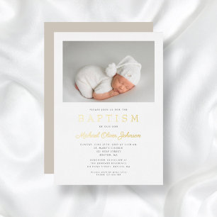 Gold Script Modern Taupe Photo Boy Baptism