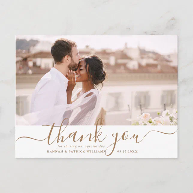 Gold Script Modern Wedding Thank You Photo Postcard | Zazzle