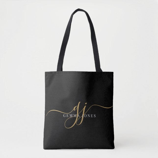 Gold Script Monogram Black Tote Bag (Front)