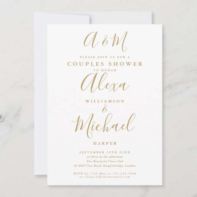 Gold Script Monogram Couples Bridal Wedding Shower Invitation (Front)