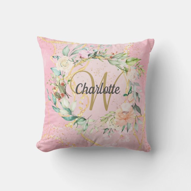Gold Script Monogram Floral Pink Geode Agate Cushion (Front)