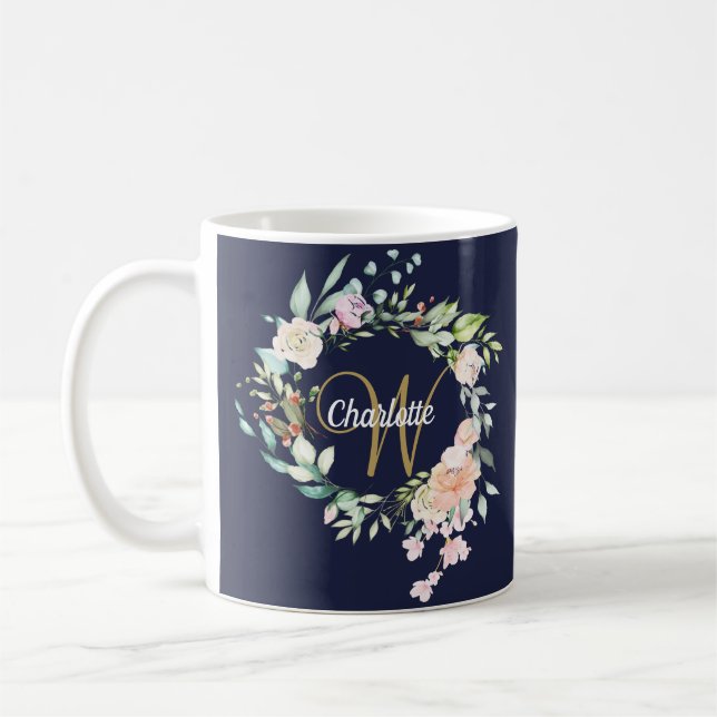  Gold Script Monogram Floral Roses Navy Blue Coffee Mug (Left)