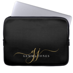 Gold Script Monogram Initials Minimalist Black Laptop Sleeve
