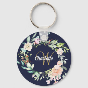 Gold Script Monogram Navy Blue Floral Roses Key Ring