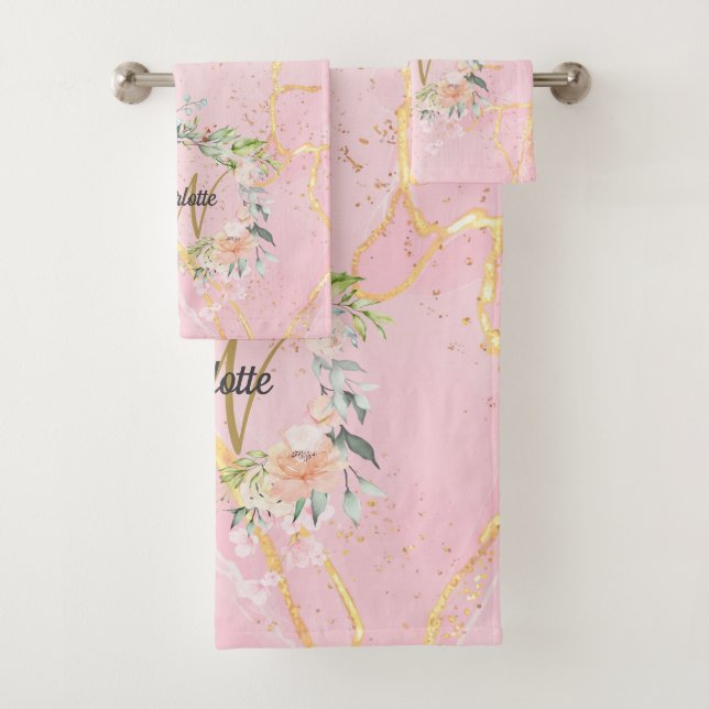Gold Script Monogram Pink Geode Agate Floral Bath Towel Set (Insitu)