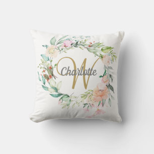Gold Script Monogram Roses Floral Cushion