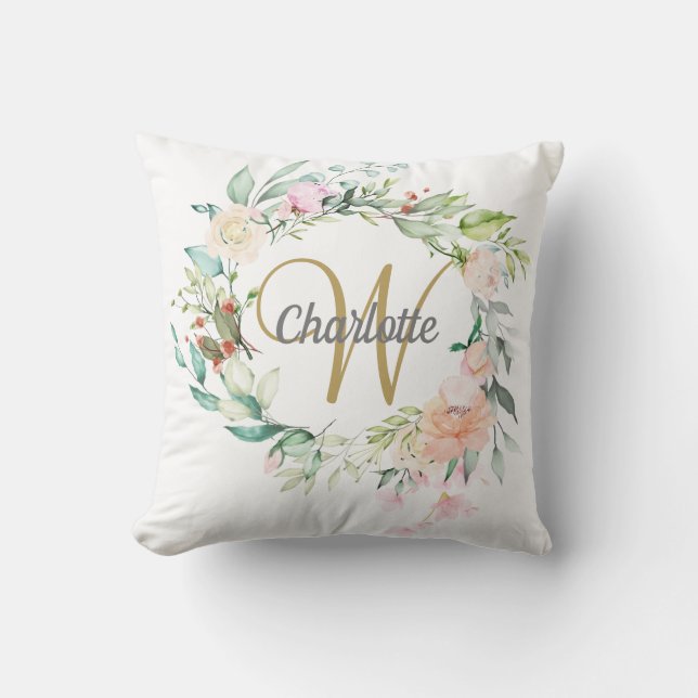 Gold Script Monogram Roses Floral Cushion (Front)