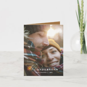 Gold script mstard plaid backer 1 photo Christmas Holiday Card