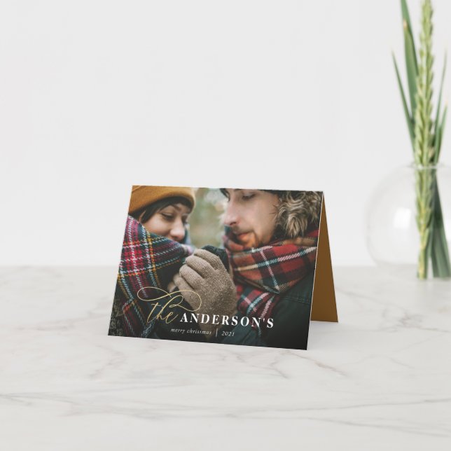 Gold script mustard plaid backer 1 photo Christmas Holiday Card (Front)