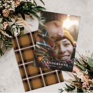 Gold script mustard plaid backer 1 photo Christmas Holiday Card