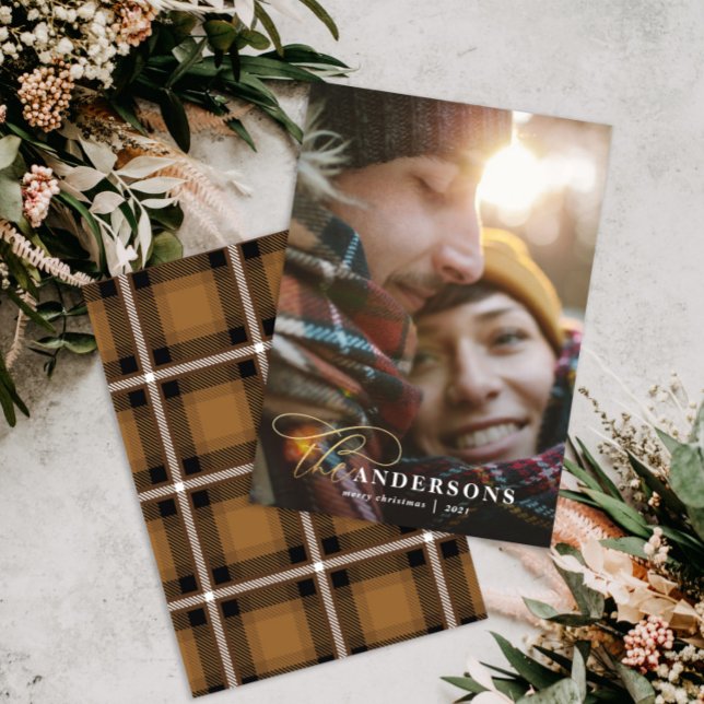 Gold script mustard plaid backer 1 photo Christmas Holiday Card (Creator Uploaded)