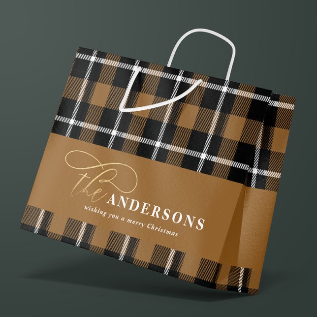 Gold script mustard plaid tartan rustic Christmas  Large Gift Bag (Creator Uploaded)