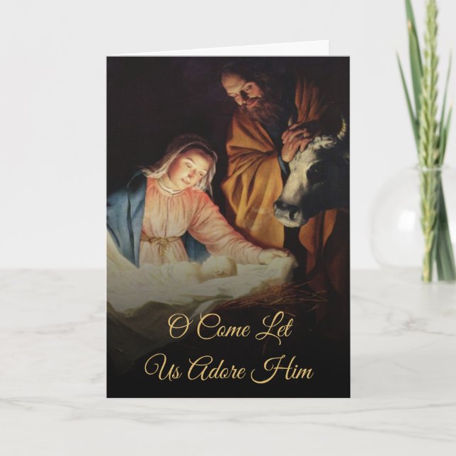 Gold Script Nativity Religious Christmas Holiday Card (Front)