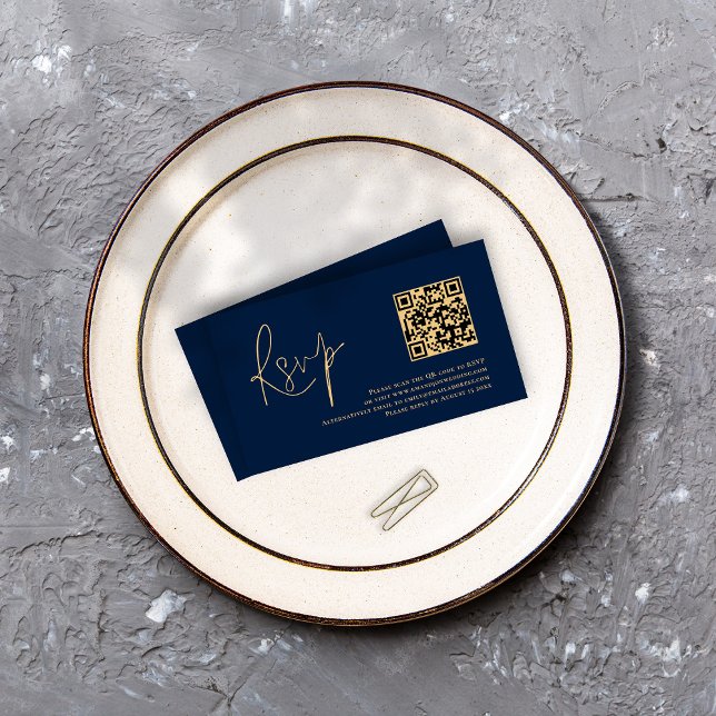 Gold Script Navy Blue QR Code Wedding RSVP  Enclosure Card (Creator Uploaded)