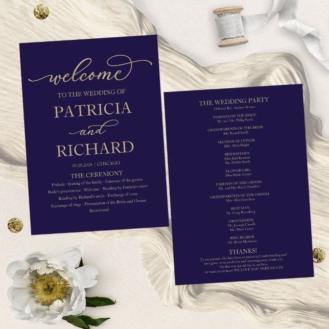 Gold Script Navy Blue Wedding Ceremony Program Programme (Creator Uploaded)