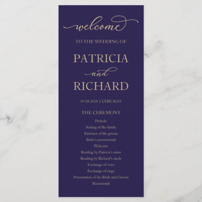 Gold Script Navy Blue Wedding Ceremony Program Programme (Front)