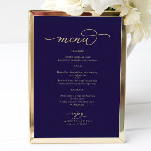 Gold Script Navy Blue Wedding Menu Sign