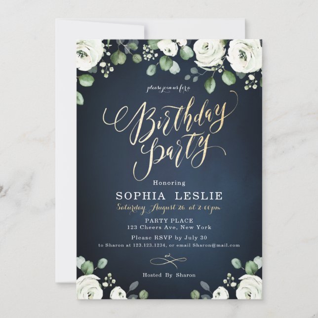 Gold script navy blue white floral birthday party invitation (Front)