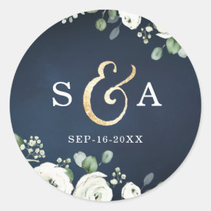 Gold script navy white floral monogram wedding classic round sticker