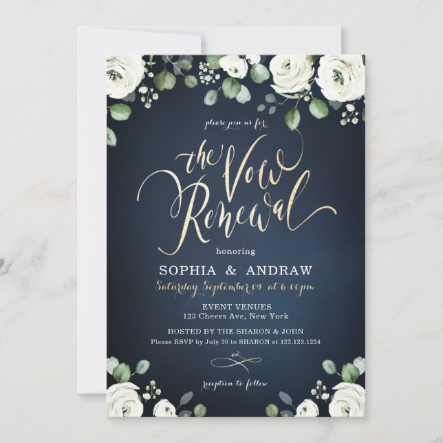 Gold script navy white floral the vow renewal invitation (Front)
