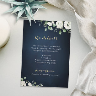 Gold script navy white floral wedding details enclosure card