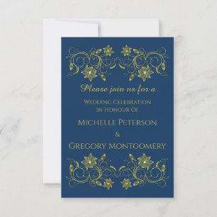Gold Script on Atlantic Blue & Filigree Wedding Invitation