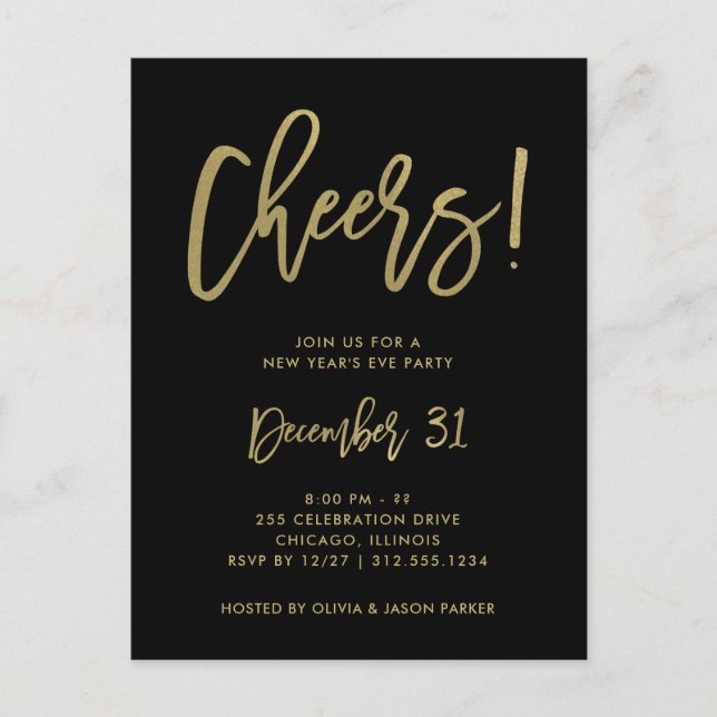 Gold Script on Black | New Years Eve Party Invite (Front)