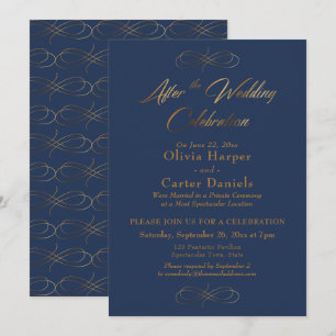 Gold Script on Navy After the Wedding Celebration Invitation