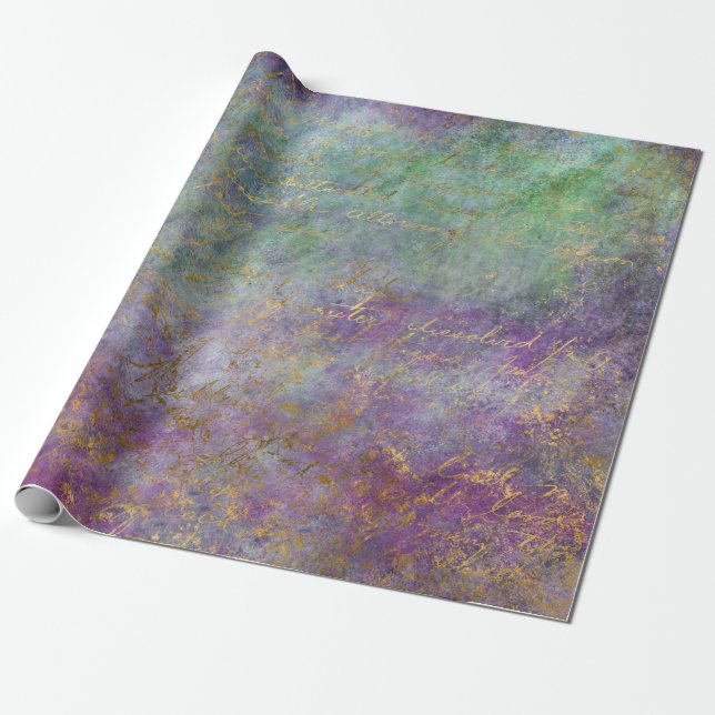 Gold Script on Purple and Green Wrapping Paper (Unrolled)