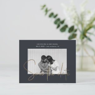 gold script one photo save the date postcard