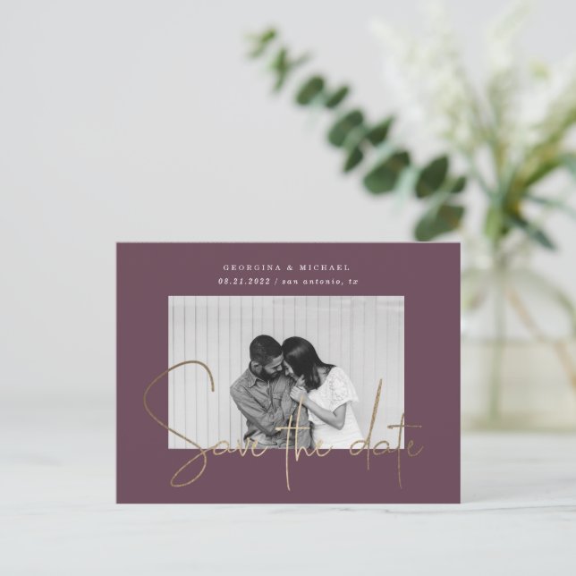 gold script one photo save the date postcard (Standing Front)