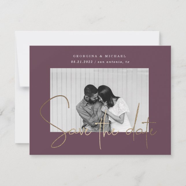 gold script one photo save the date postcard (Front)