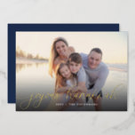 Gold Script Overlay l Hanukkah Photo Foil Holiday Card<br><div class="desc">Elegant Hanukkah photo card features a single horizontal or landscape-orientated photo with "Joyous Hanukkah" overlaid in gold foil calligraphy script lettering. Personalise with your family name or individual names and the year beneath in modern white lettering. A simple and chic choice for your Hanukkah 2022 greetings.</div>