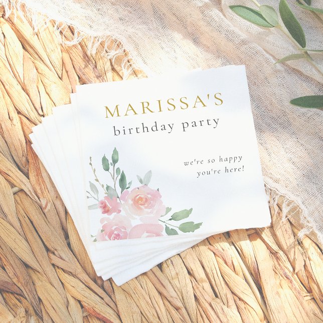 Gold Script Painted Floral Birthday Party Napkin (Creator Uploaded)
