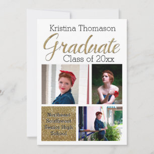 Gold Script Photo Collage High School Graduation Invitation