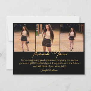 gold script photo graduation black thank you card