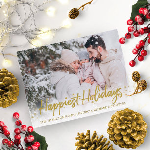 Gold Script Photo Happiest Holidays Christmas Postcard