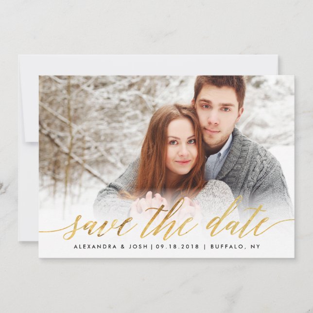 Gold Script Photo Save the Date in Faux Foil (Front)