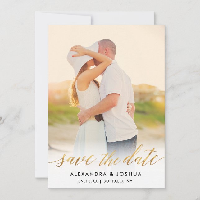 Gold Script Photo Save the Date in Faux Foil (Front)