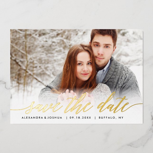Gold Script Photo Save the Date in Gold Foil (Front)