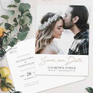 Gold Script Photo Save the Date Wedding Invitation Postcard