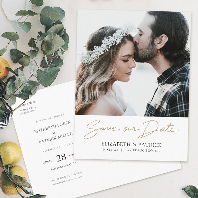 Gold Script Photo Save the Date Wedding Invitation Postcard (Creator Uploaded)