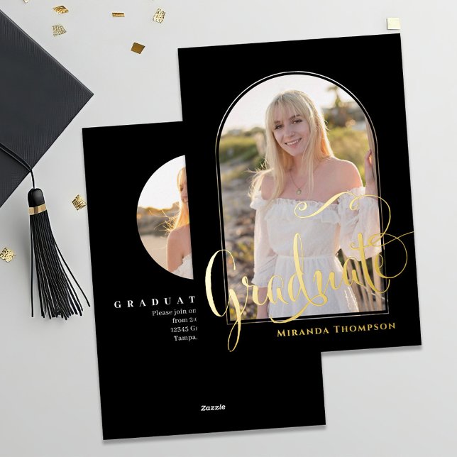 Gold Script Photo Template Graduation (Gold foil graduation photo invitation announcement card template. )