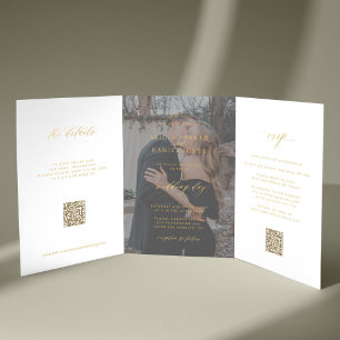 Gold script photo wedding RSVP details QR code  Tri-Fold Invitation