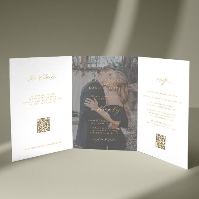 Gold script photo wedding RSVP details QR code  Tri-Fold Invitation (Creator Uploaded)