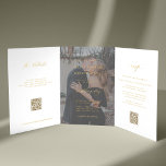 Gold script photo wedding RSVP details QR code  Tri-Fold Invitation<br><div class="desc">Modern simple minimal typography trendy faux gold typography white all in one budget wedding invitation template with 2 photos, rsvp, and details with scanning QR codes featuring a chic trendy calligraphy script and transparent overlay. Easy to personalise with one or two custom photos (you can upload the same photo on...</div>