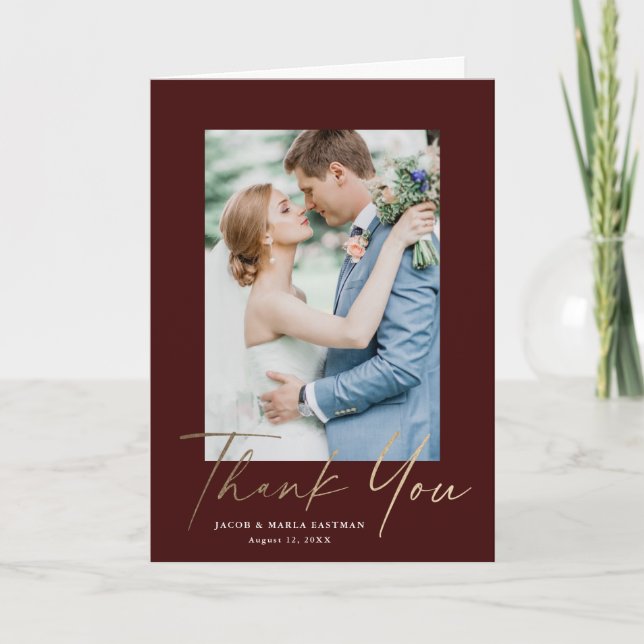 Gold Script Photo Wedding Thank You Card (Front)