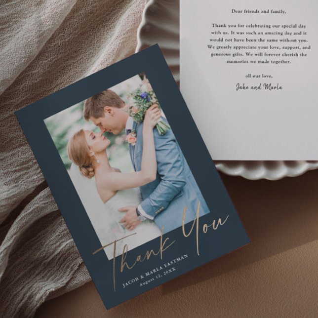 Gold script photo wedding thank you modern minimal (Elegant gold script wedding photo thank you cards.)